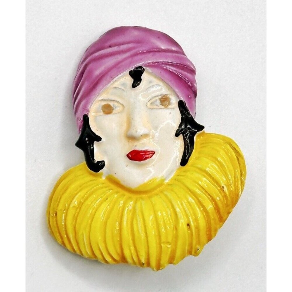 1950s Art Deco Lady Face Enamel Vintage Pin W/ Turban And Feather Boa